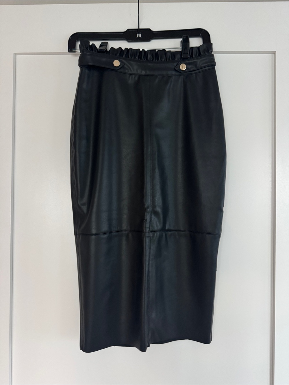 Zara Black Faux Leather Paperbag Waist Pencil Skirt with Gold Buttons
